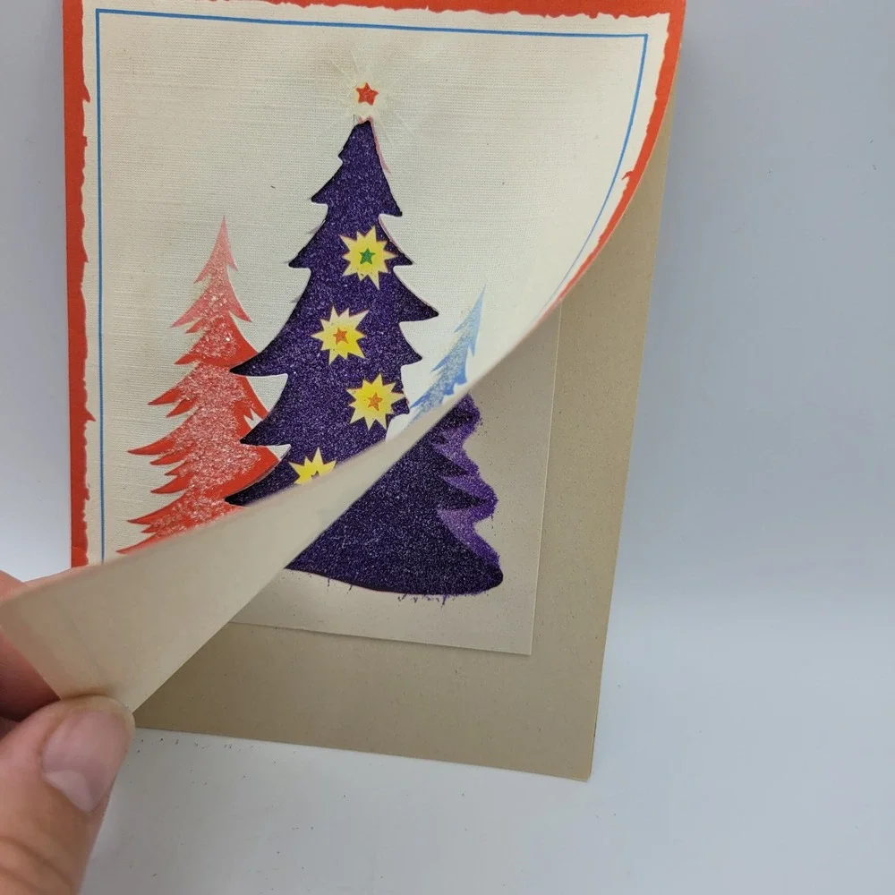 Vintage Merry Christmas Card, Glitter Trees‎ Cottage USA Made Religious Verse